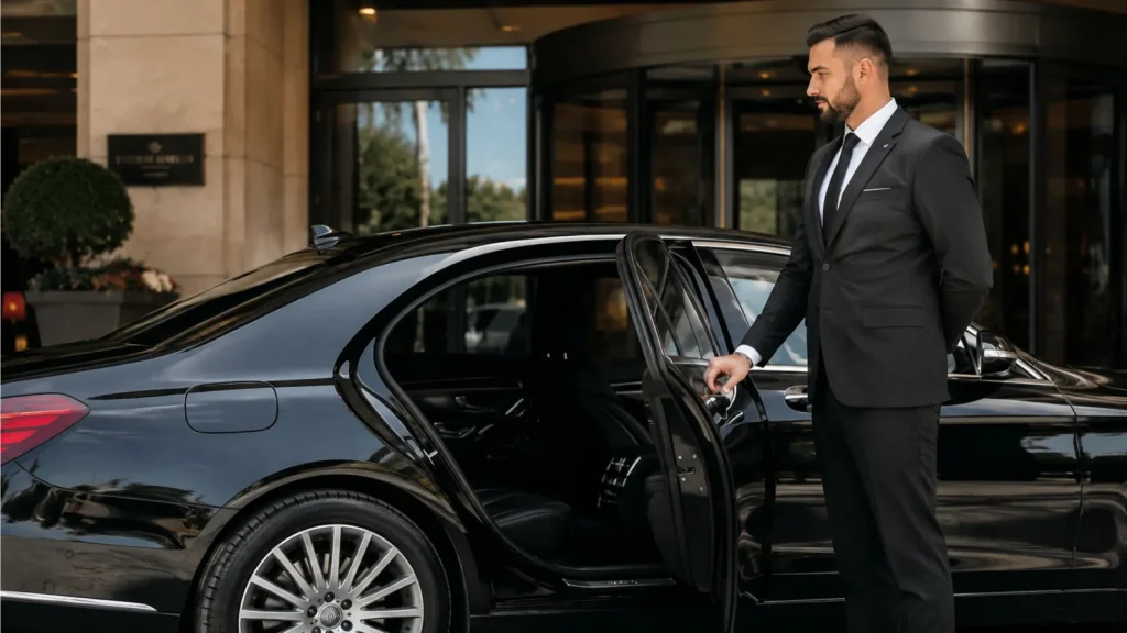 Suited driver holding the rear door of a premium black sedan